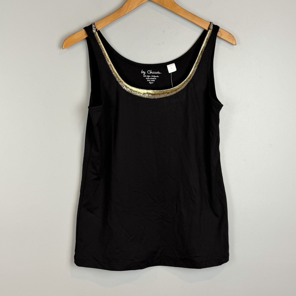 Chico's Black Golden Dazzle Tank Size Small Microfiber Stretch NWT